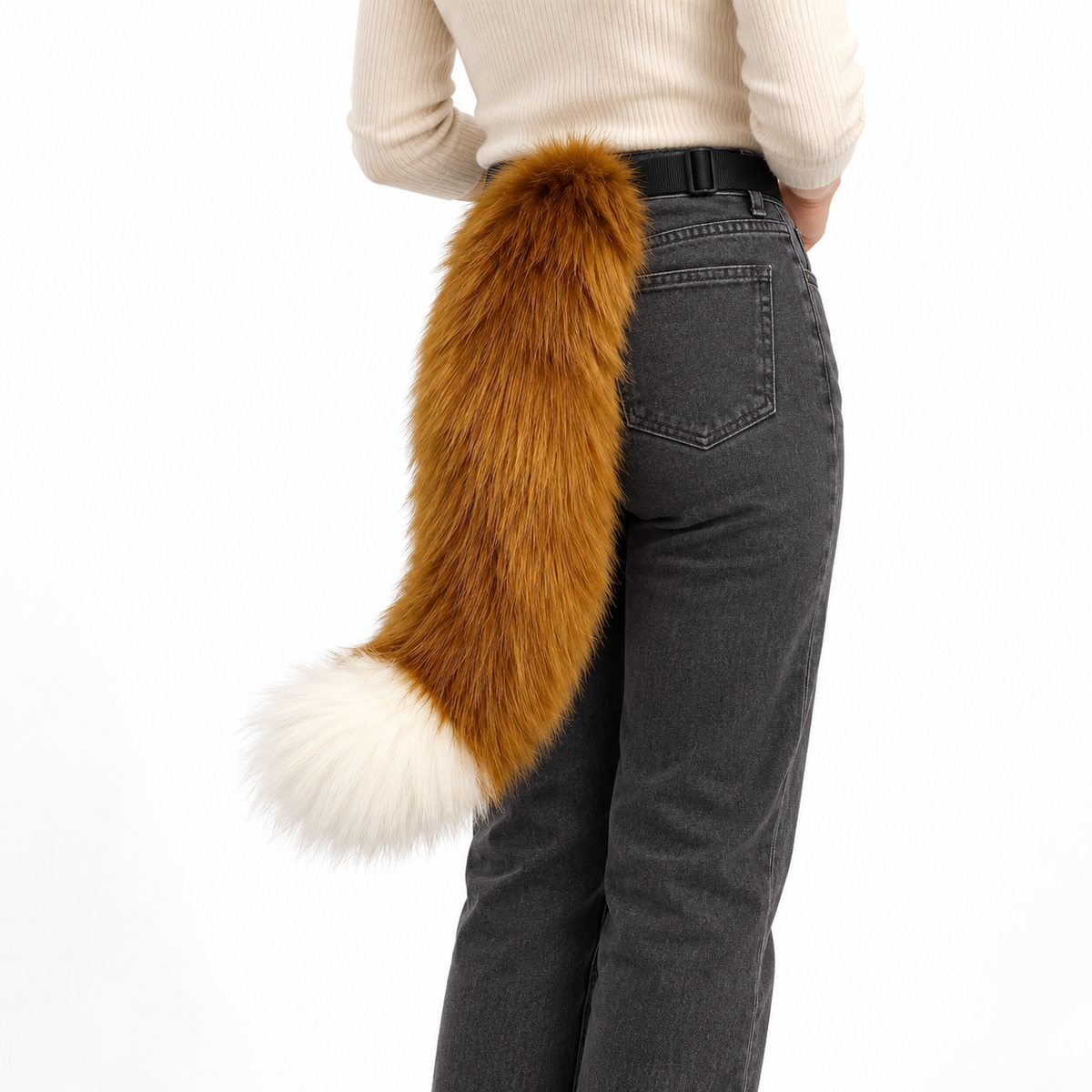 Russet brown tail worn by model on white background