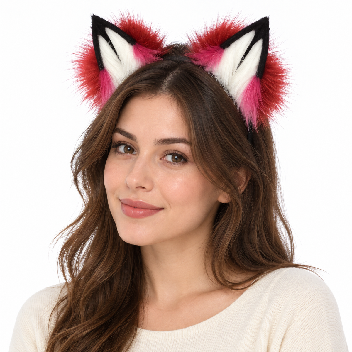 Crimson red ears worn by model on white background