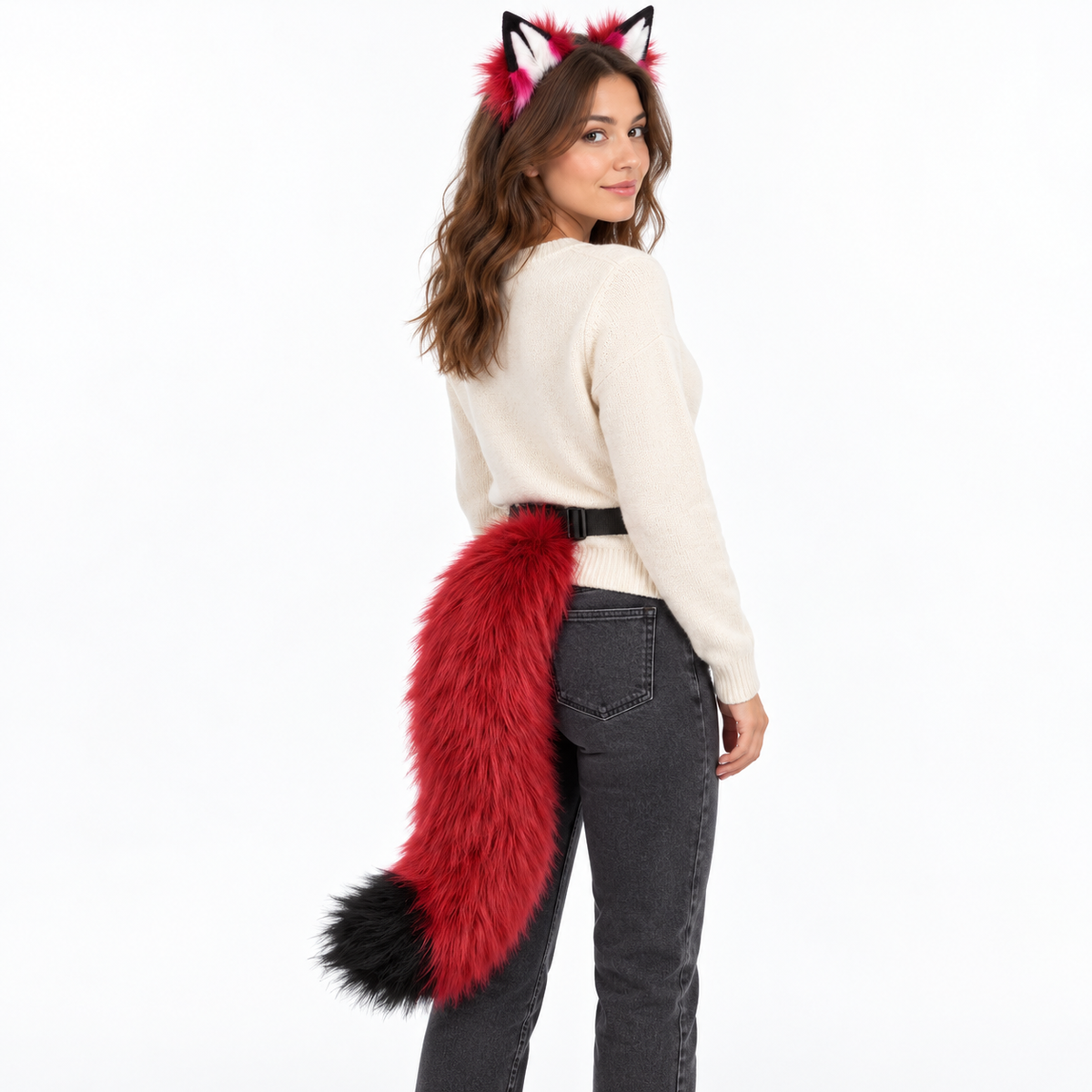 Crimson red set worn by model on white background