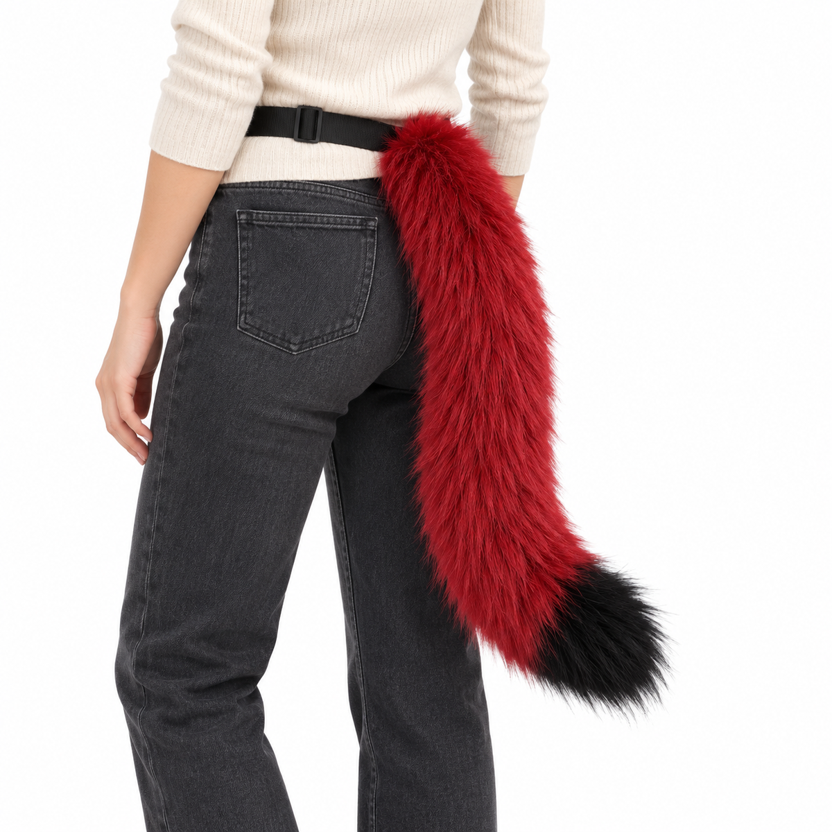 Crimson red tail worn by model on white background