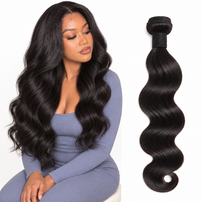 Illustrative seated model wearing natural black body-wave hair; one machine-weft body-wave bundle shown separately