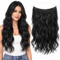 20-Inch Wavy Synthetic Halo Hair Extension with Clips – halo-black – model and matching hair extensions