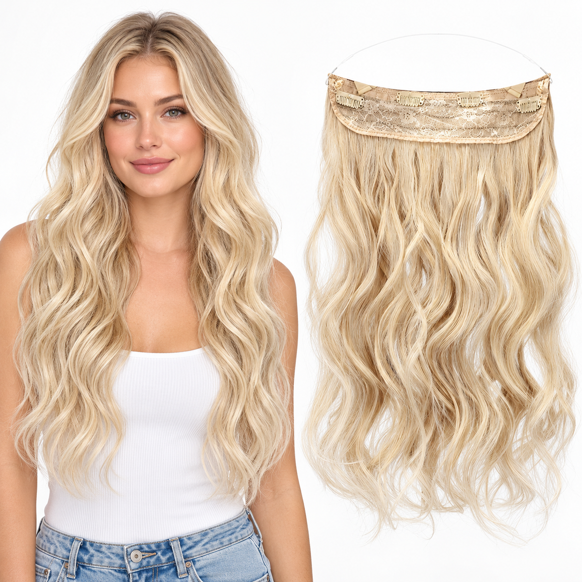 20-Inch Wavy Synthetic Halo Hair Extension with Clips – halo-blonde – model and matching hair extensions