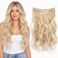 20-Inch Wavy Synthetic Halo Hair Extension with Clips – halo-blonde – model and matching hair extensions