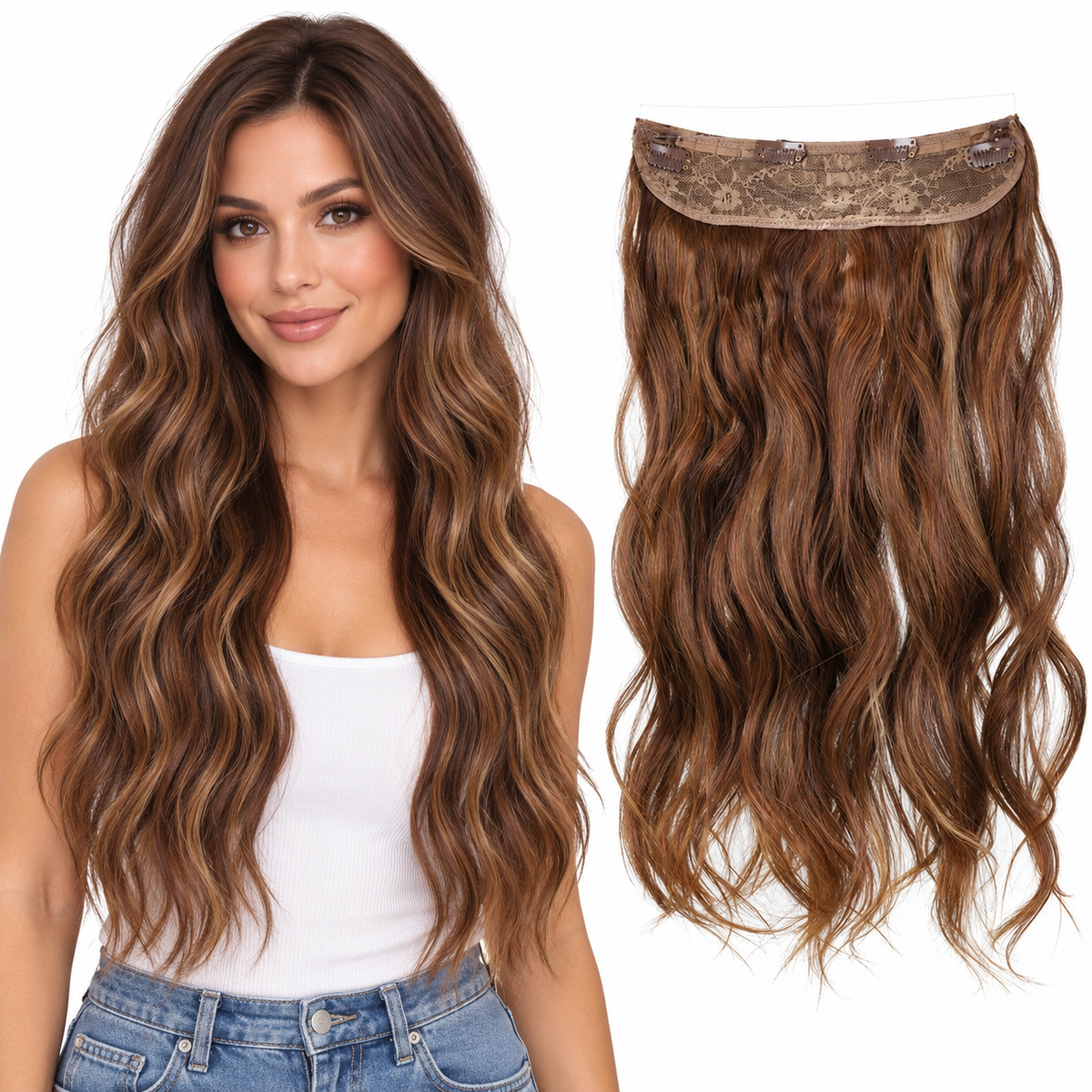 20-Inch Wavy Synthetic Halo Hair Extension with Clips – halo-brown – model and matching hair extensions