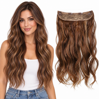 20-Inch Wavy Synthetic Halo Hair Extension with Clips – halo-brown – model and matching hair extensions