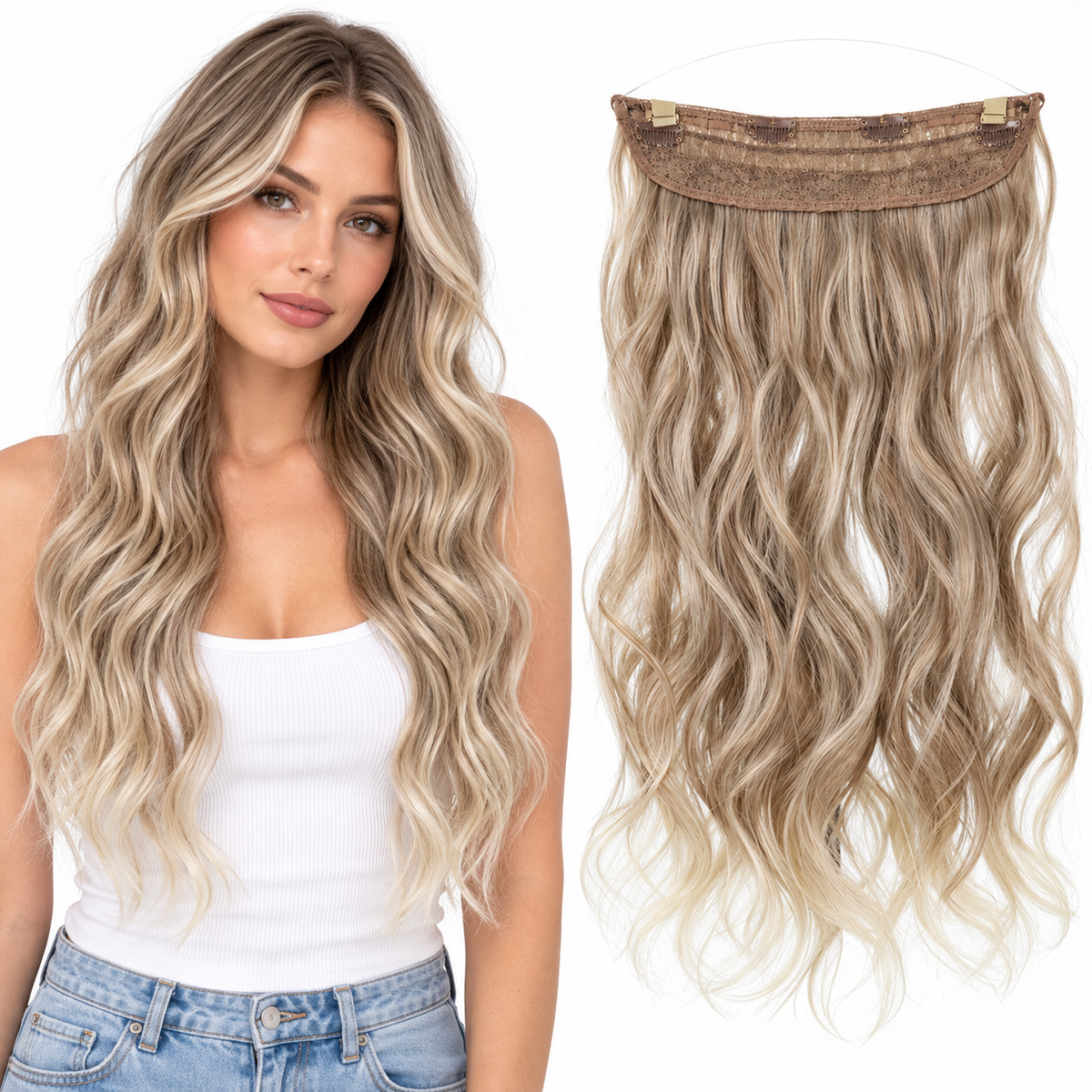 20-Inch Wavy Synthetic Halo Hair Extension with Clips – halo-linen – model and matching hair extensions