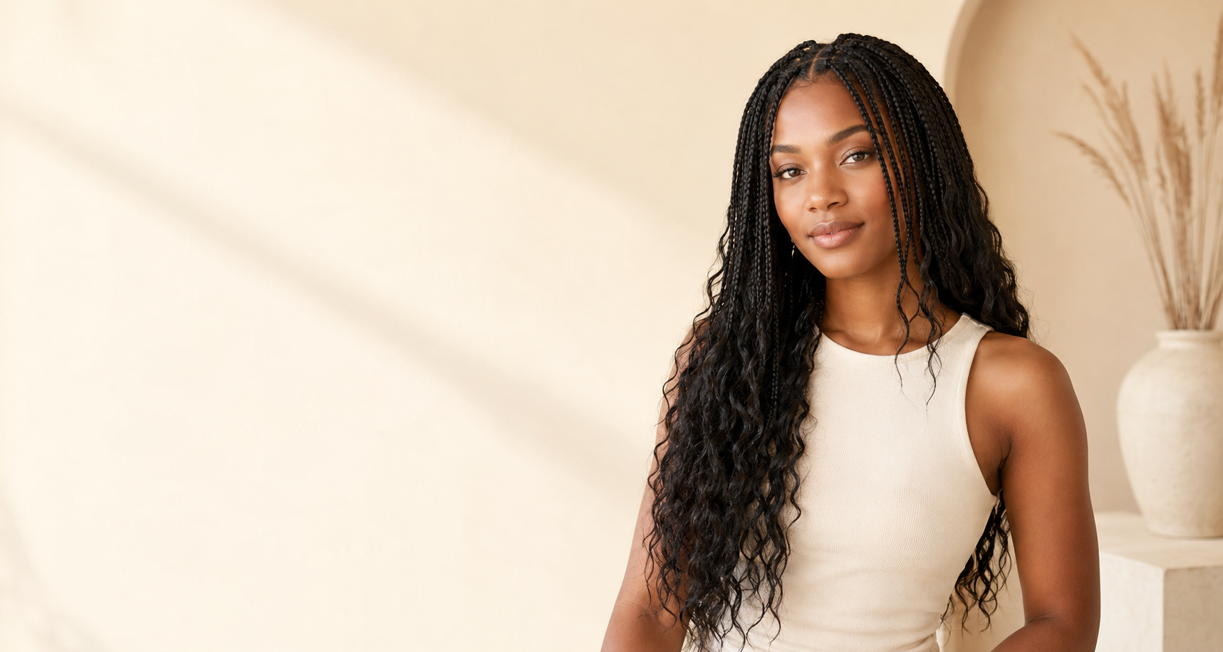Model wearing long natural black boho braids with soft Water Wave human hair curls