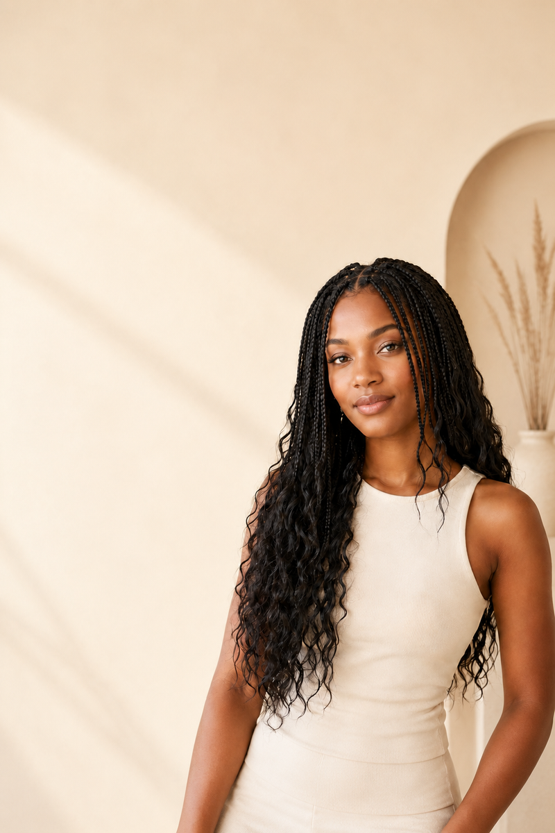 Model wearing long natural black boho braids with Water Wave curls on a warm ivory background