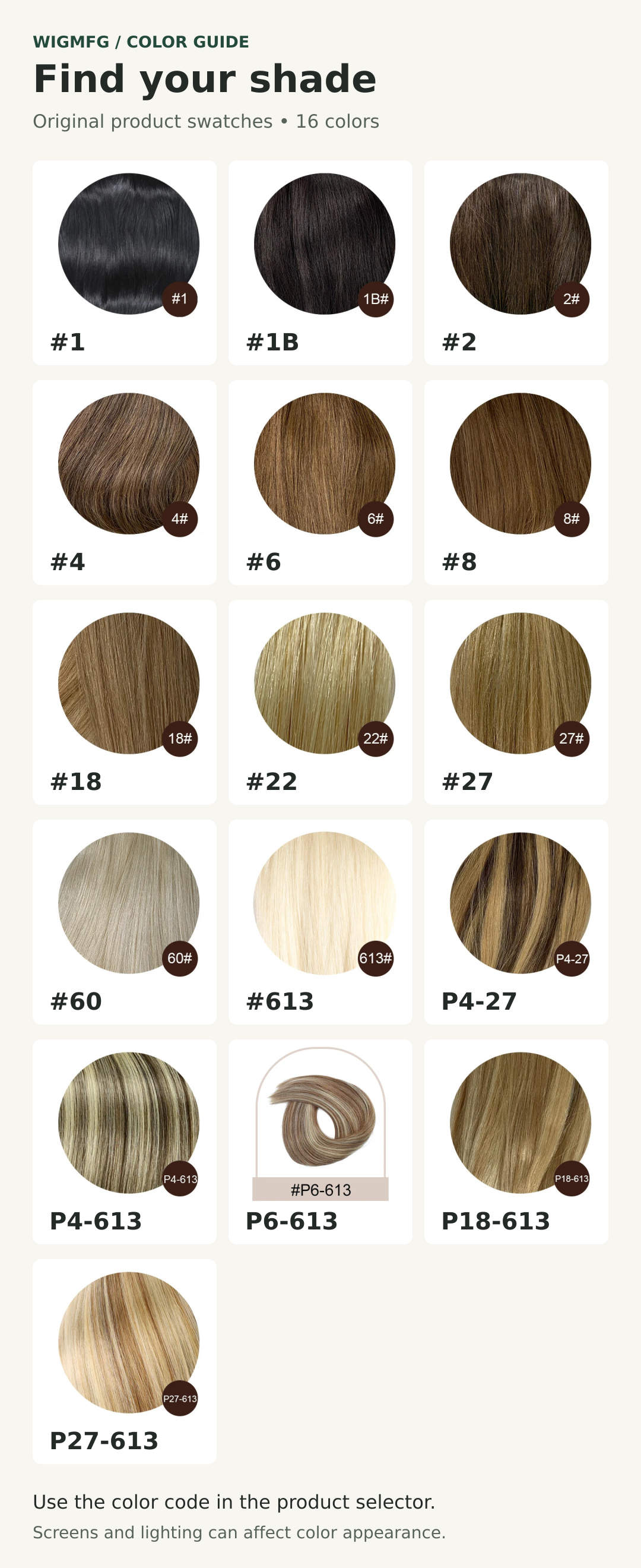 Sixteen original product color swatches with matching variant color codes.