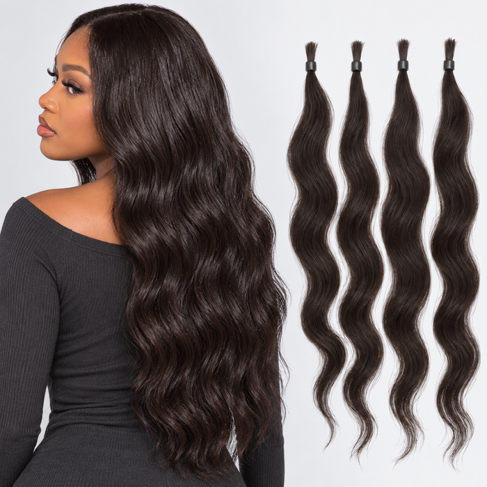 Illustrative back-and-side model with natural-wave hair; nano-ring extension strands shown separately; exact variant may vary
