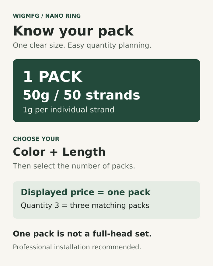 One pack of nano ring hair contains 50g and 50 strands; price is per pack.