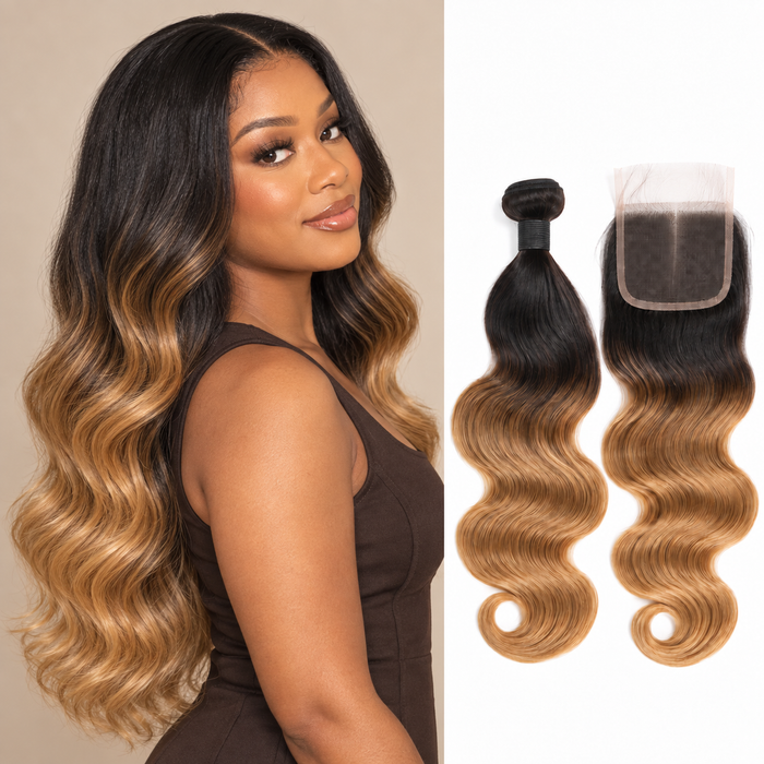 Illustrative side-pose model with ombre body-wave hair; weft bundle and lace closure shown separately; exact variant may vary