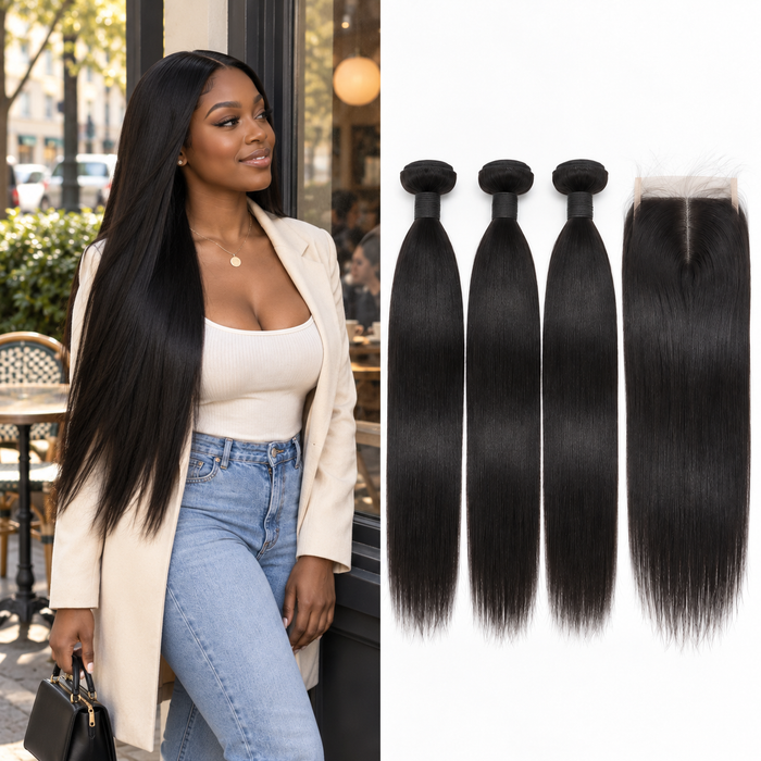Illustrative side-pose model with straight hair; three bundles and 4x4 closure represent a set; single samples exclude closure