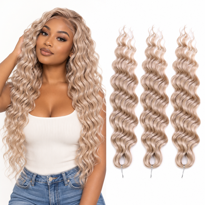 Black model and three 24 inch water wave hair pieces in Beige Blonde (LINEN59)