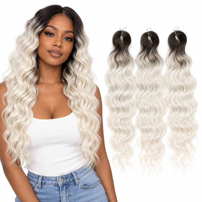 Black model and three 24 inch water wave hair pieces in Rooted Platinum Blonde (TT4-56D)