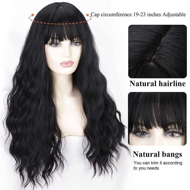 Black Wig with Bangs Synthetic Long Black Wigs for Women Natural Wigs with Bangs