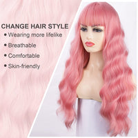 Pink wig with bangs Synthetic long Pink wigmfg