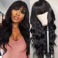 Silky Brazilian Virgin Straight Human Hair Wigs with Bangs 130% Density None Lace Front Wigs