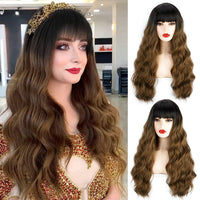 brown with dark roots wig with bangs