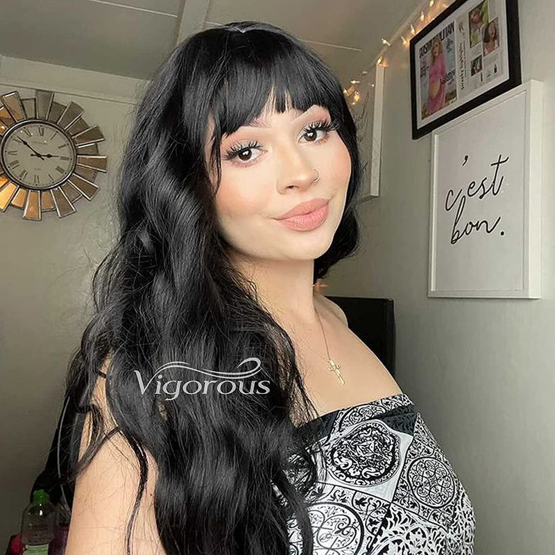 Black Wig with Bangs Synthetic Long Black Wig