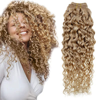 10-30inch Remy Human Hair Curly Clip In Hair Extensions Water Wave Golden Blonde