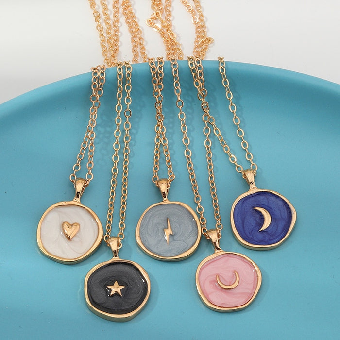 New Fashion Necklace Alloy Drop Oil Love Heart Moon Lightning Necklaces Elegant Cute Round Party Gift Jewelry For Women