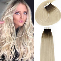 16" Natural Hair Remy Tape in Human Hair Extensions Dip Dyed Balayage Darker Brown to Platinum Blond Seamless PU Skin Weft