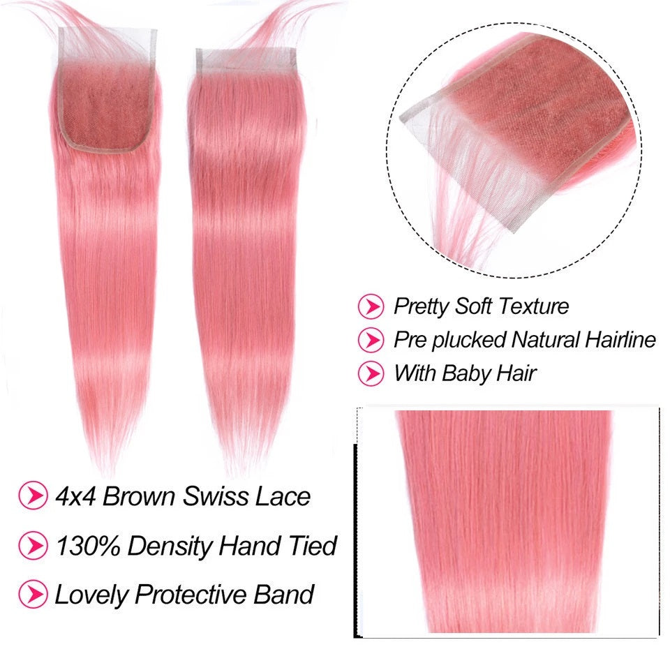 ピンクのバンドルと閉鎖ペルー色の人毛ストレートヘア織りスイスレース閉鎖とバンドル