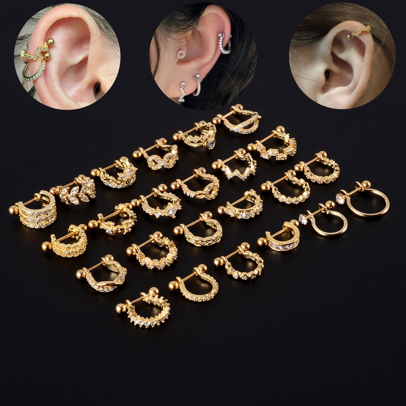1 個サージカルスチールバーベル CZ フープ耳珠軟骨ヘリックスイヤリング耳スタッド耳カフルーク女性ローブピアスジュエリー