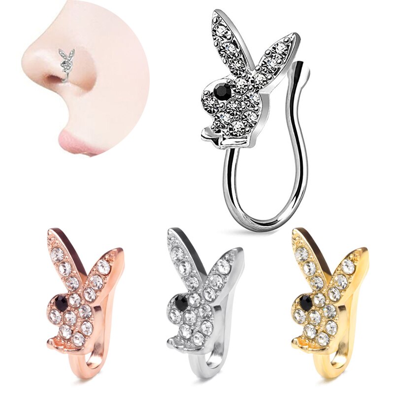 1Pcs Creative Rabbit Nose Ring Charm Crystal Metal Fake Piercing Nose Cuff Clip Brand Design Bunny Nose Ring Earrings Jewelry
