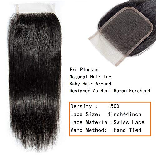 9A Brazilian Virgin Hair Straight Human Hair 4x4 Lace Closure Free Part