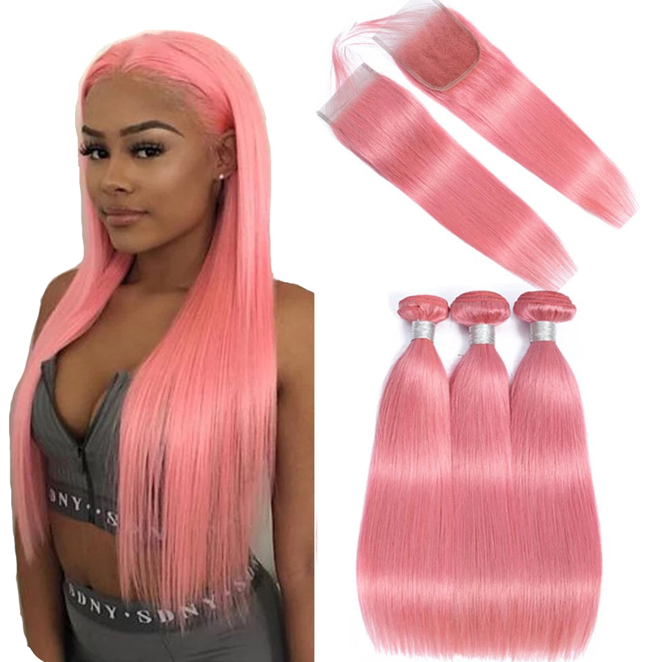 Pink Bundles With Closure Peruvian Colored Human Hair Straight Hair Weave Swiss Lace Closure And Bundles