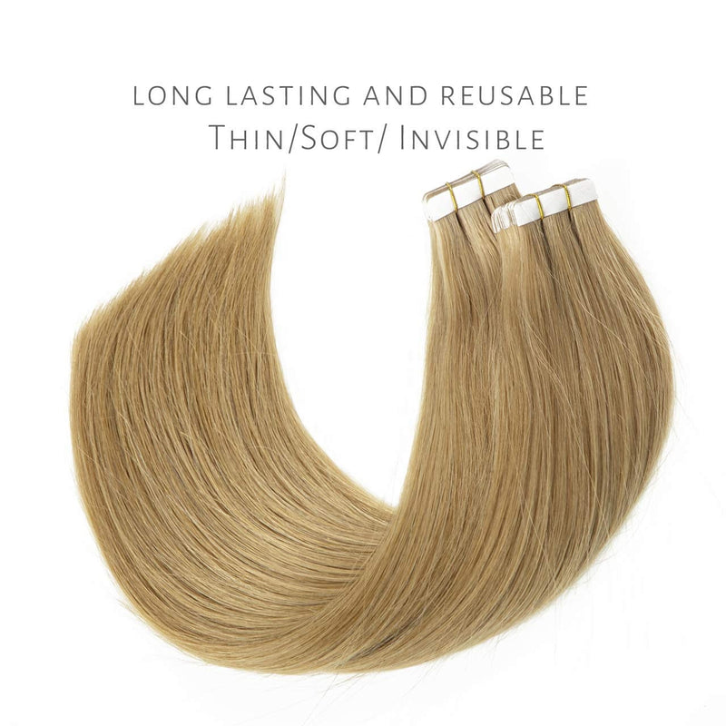 16" Hair Extensions Human Hair Tape in Dirty Blonde #12 Tape Attached Invisible Seamless Skin Weft