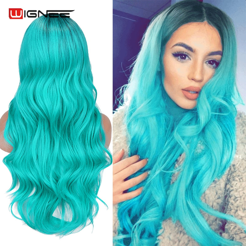 Light Blue Wig Synthetic Ombre Long Wavy Body Wave Side Part Heat Resistant Natural Hair Wigs For Women Cosplay