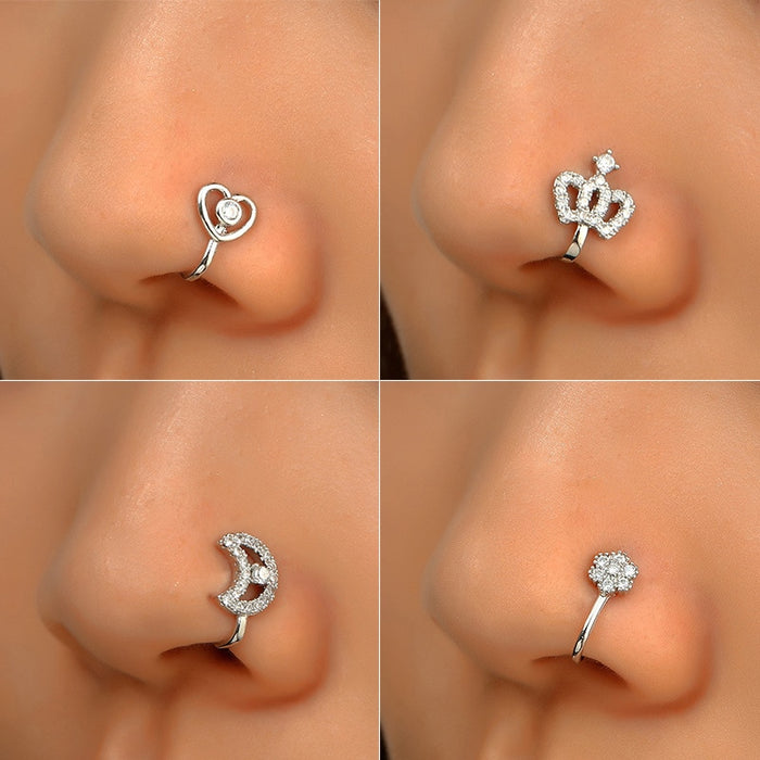 1Pc Copper Fake Piercing Nose Ring Heart Star Crown Clip On Nose Ear Clip Cuff Earring For Women Girl Gift Body Jewelry Nose