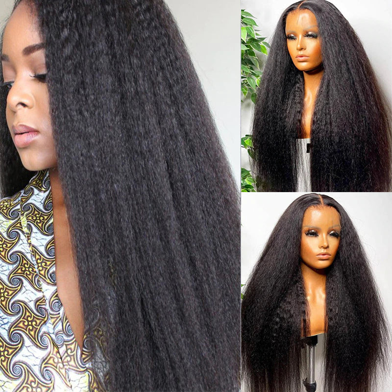 Kinky Straight Wig 180% Density Black Yaki Lace Front Wig For Women With Baby Hair
