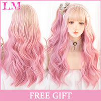 Cosplay Wig With Bangs Synthetic Straight Hair 24 Inch Long Heat-Resistant Pink Wig For Women