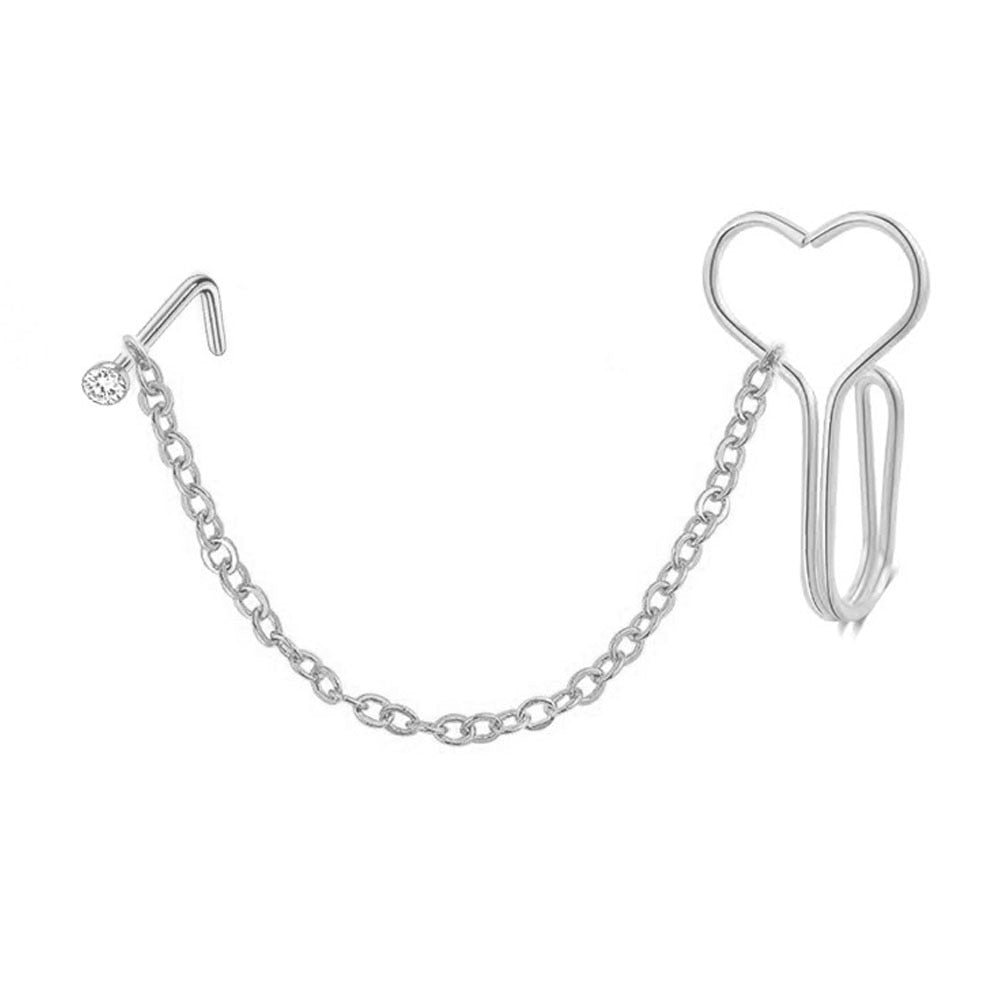 1PCS Fake Piercing Nose Cuff Chain Stainless Steel Heart Fake Nose Ring With Chain Piercing Nariz Fake Nose Cuff Clip On Jewelry
