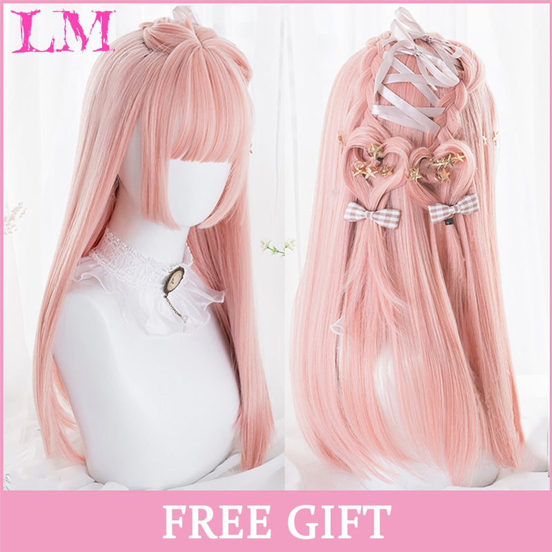 Cosplay Wig With Bangs Synthetic Straight Hair 24 Inch Long Heat-Resistant Pink Wig For Women