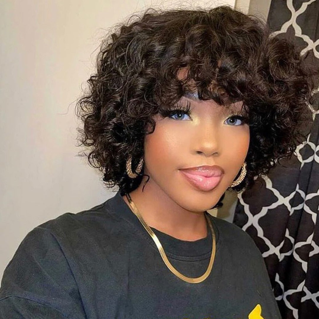 Bouncy Curly Fringe Wig Pixie Cut Wig Short Curly Human Hair Wigs For Women Cheap Full Machine Wigs Egg Curls Bob Wig With Bangs