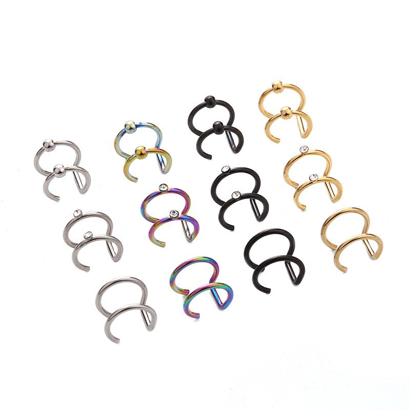 JIOROMY 1Pc Clip On Wrap Earring Tragus Stainless Steel 2 Rings Ear Cuff Clip Nose Ring Fake Piercing Body Jewelry