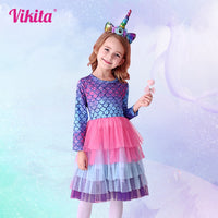 VIKITA Kids Tutu Dress for Girls Long Sleeve Party Prom Vestidos Toddlers Mermaid Unicorn Dresses Kids Princess Autumn Dress