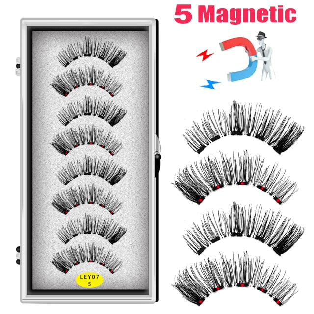 LEKOFO 8PCS 5 Magnets 3D Magnetic False Eyelashes Handmade Artificial Faux Cils Magnetic Natural Mink Eyelashes with Tweezers