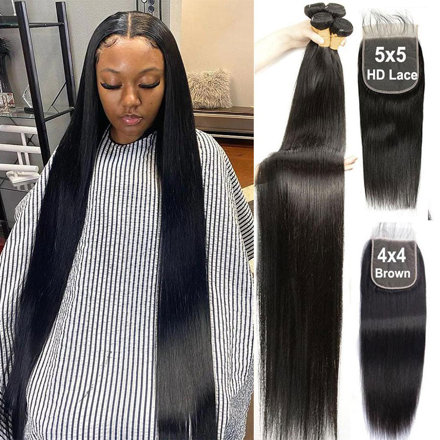 Straight Bundles With 6x6 Lace Closure 36 38 40 Inch Brazilian Hair With Closure Human Hair 3/4 Bundles With Closure Remy Hair