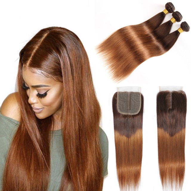Colored Bundles With Closure Body Wave Brazilian Human Hair Weave Bundles T Lace Closure Remy Ombre Brown Straight Extension