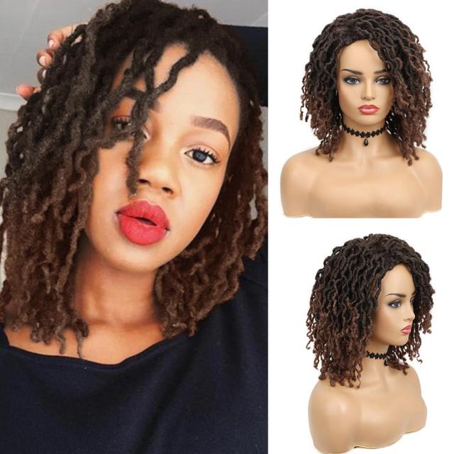 Dreadlock Wig Braided Twist Black Brown Short Curly Heat Resistant Fiber Synthetic Daily Party Replacement for Women