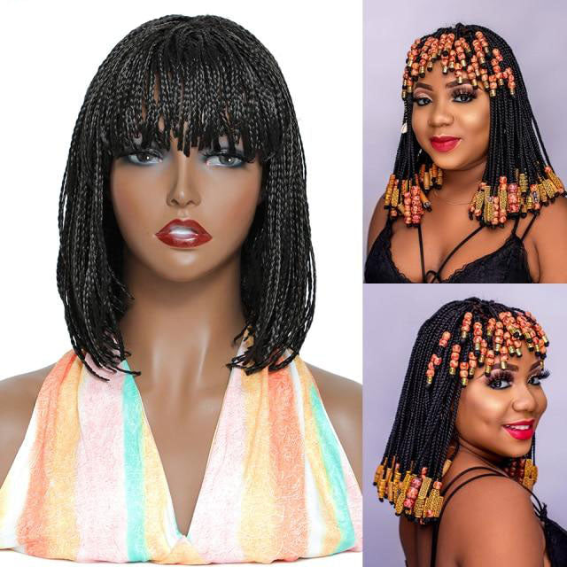 Short Braided Wigs For Black Women Heat Resistant Crochet Box Braided Bob Wig With Bangs