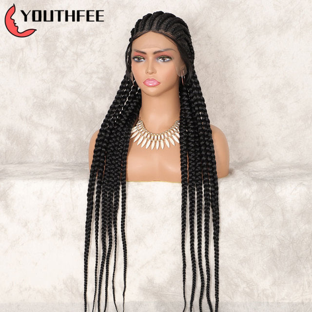 Youthfee Full Head Lace Braided Wigs 36&quot; Cornrow Box Braids Wig With Baby Hair For Black Women Synthetic Lace Front Wigs