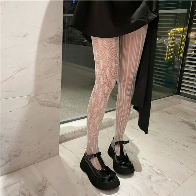 Lolita School Girl Floral Tights Fishnet Over Knee Stocking Long Adorable Anime Gothic Black White Kawaii Sexy Cosplay Costumes